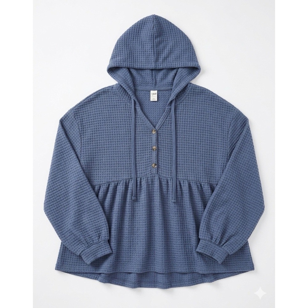 SO Goods For Life Waffle Knit Hoodie Large L Blue Peplum Babydoll Henley
